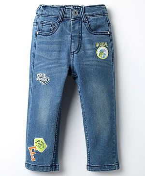Babyhug Denim Full Length Stretchable Washed Jeans with Mock Fly & Floral Embroidery - Blue