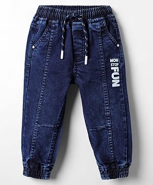 Babyhug Denim Full Length Text Printed Washed Joggers With Stretch - Blue