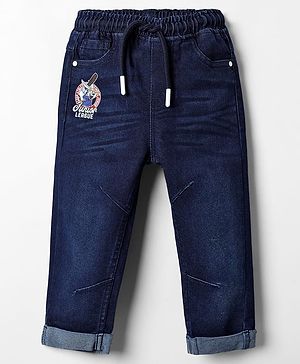 Babyhug Denim Full Length Washed Jeans With Stretch & Text Print - Navy Blue