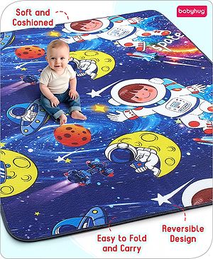 Babyhug Premium Reversible Foldable Space Theme Print Waterproof Floor Mat 6 x 5 ft| Thickness 8 Mm| Learn & Play Mat| Soft Foam & Anti-Slip| Easy to Carry Bag| 0-12 Years| Bis Certified - Navy Blue