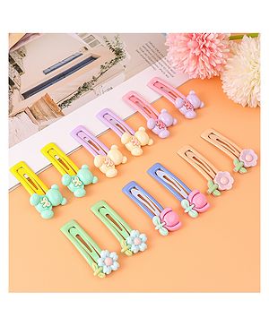 Babyhug Free Size Snap Clips with Bear Applique Pack of 12 - Pink Green and Yellow