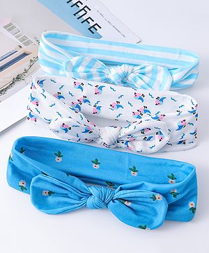 Babyhug Headbands with Knot Design Floral Stripe & Bird Print Pack of 3 - Blue & White
