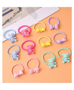 Babyhug Free Size Rubber Bands with Bow and Bear Design Pack of 12 - Pink Yellow and Blue