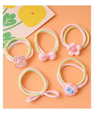 Babyhug Free Size Rubber Bands with Bow and Floral Applique Pack of 5 - Pink and Yellow