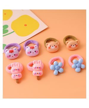 Babyhug Free Size Rubber Bands  with Floral Kitten and Bear Applique Pack of 8 - Pink Blue and Brown