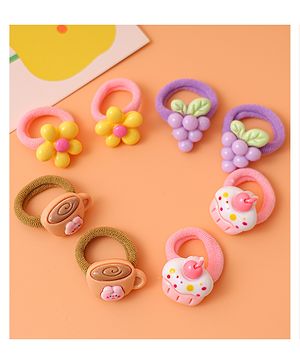 Babyhug Free Size  Rubber Bands with Floral Fruit and Cupcake Applique Pack of 8 - Brown Pink and Yellow
