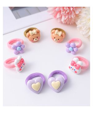 Babyhug Free Size Rubber Bands with Floral and Heart Applique Pack of 8 - Brown Lilac and Pink