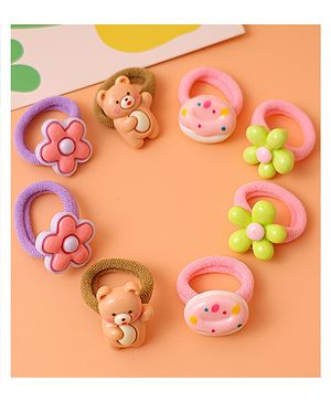 Babyhug Free Size Rubber Bands with Floral Bear and Donut Applique Pack of 8 - Pink Yellow and Brown