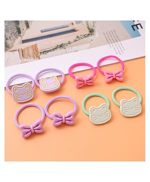 Babyhug Free Size Rubber Bands with Bow and Kitten Applique Pack of 8 - Pink Green and Lilac