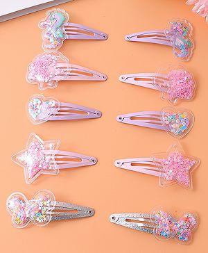Babyhug Snap Clips Free Size with Glitter Star Filled Animal Star & Heart Shaped Applique Pack of 10 - Multicolor