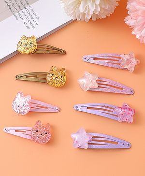 Babyhug Snap Clips with Star & Cat Applique Pack of 8 - Multicolor