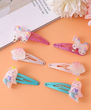 Babyhug Snap Clips with Unicorn & Mermaid Applique Pack of 6 - Multicolor