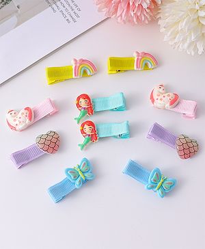 Babyhug Hair Clips with Rainbow Unicorn and Mermaid Applique Pack of 10 - Sky Blue Yellow and Pink