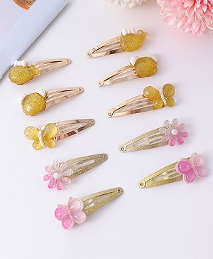 Babyhug Snap Clips with Fish Floral and Butterfly Applique Pack of 10 - Pink & Mustard