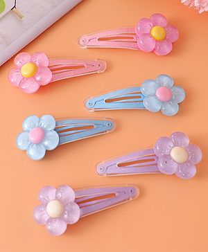 Babyhug Snap Clips with Floral Applique Pack of 6 - Pink Blue and Lilac