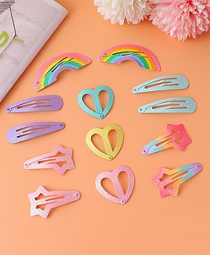 Babyhug Free Size Snap Clips with Rainbow Heart and Star Design Pack of 13 - Pink and  Light Blue