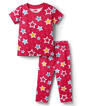 Babyhug Cotton Knit Half Sleeves Co-ords  Night Suit With Stars Print - Red