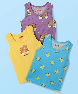 Babyhug 100% Cotton Sleeveless Teddy & Star Printed Sando Pack Of 3 -Purple Yellow & Blue