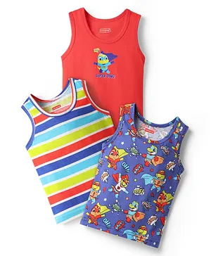 Babyhug 100% Cotton Single Jersey
                              Knit Sleeveless Sando With Stripes &
                              Dino Print Pack Of 3 - Red & Navy
                              Blue