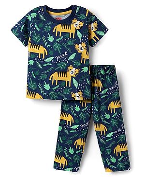 Babyhug Cotton Knit Half Sleeves Co-ords  Night Suit With Animals Print - Navy Blue