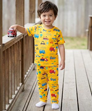 Babyhug Cotton Knit Half Sleeves Co-ords  Night Suit With Vehicles Print - Yellow