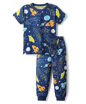 Babyhug Cotton Knit Half Sleeves Co-ords Night Suit With Space Theme Print - Navy Blue
