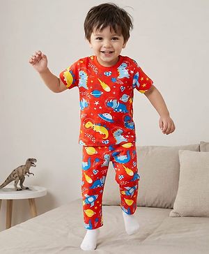 Babyhug Cotton Knit Half Sleeves Co-Ord Night Suit with Animal Print - Orange