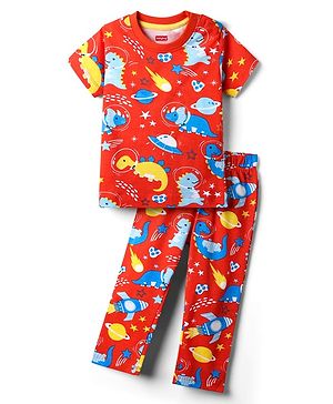 Babyhug Cotton Knit Half Sleeves Co-Ord Night Suit with Animal Print - Orange