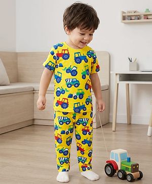 Babyhug Cotton Knit Half Sleeves Co-ords Night Suit with Vehicle Print - Yellow