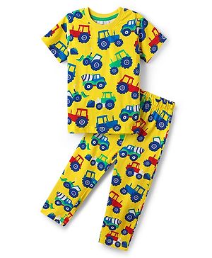 Babyhug Cotton Knit Half Sleeves Co-ords Night Suit With Vehicle Print - Yellow