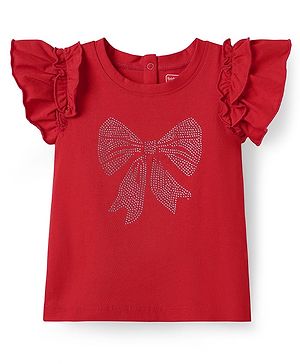 Babyhug 100% Cotton Knit Frill Sleeves Top with Rhinestone Detailing - Red