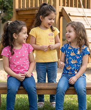 Babyhug Cotton Knit Half Sleeves T Shirt with Heart & Animal Print Pack of 3 - Pink & Blue