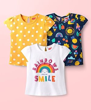 Babyhug 100% Cotton Knit Half Sleeves T-Shirts with Rainbow & Polka Dots Print Pack of 3 - Yellow Navy Blue & White