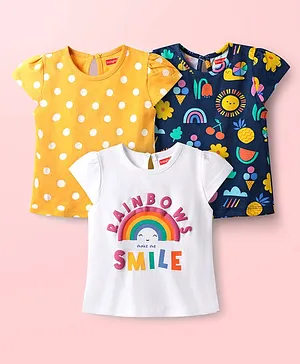 Babyhug 100% Cotton Knit Half Sleeves
                              T-Shirts with Rainbow & Polka Dots
                              Print Pack of 3 - Yellow Navy Blue &
                              White