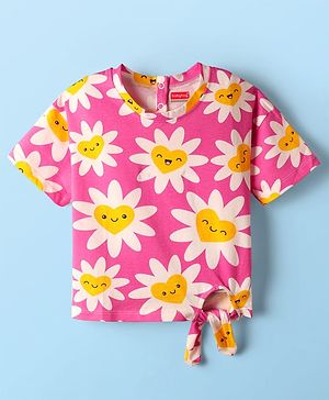 Babyhug 100% Cotton Knit Half Sleeves T-Shirt with Floral Print - Pink