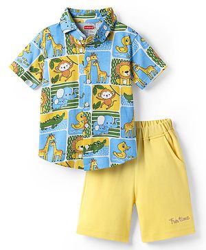 Babyhug Interlock Knit Half Sleeves Shirt & Shorts Set With Animal Print - Light Blue & Yellow