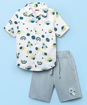 Babyhug Interlock Knit Half Sleeves Shirts & Shorts Set With Space Theme Print - White & Grey