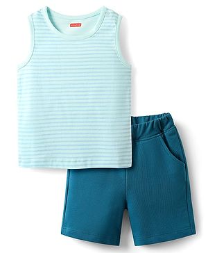 Babyhug Interlock Knit Sleeveless Striped Tank T-Shirt & Shorts Set - Light Blue