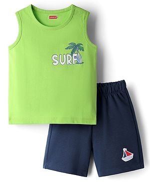 Babyhug Single Jersey Knit Sleeveless Tank T-Shirt & Shorts Set with Beach Theme Print - Navy Blue & Lime Green