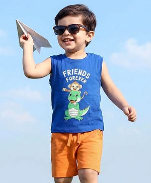Babyhug Single Jersey Knit Sleeveless Tank T-Shirt & Shorts Set with Animal Print - Blue & Orange