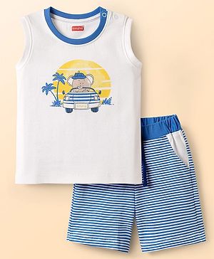 Babyhug Interlock Knit Sleeveless Tank T-Shirt & Striped Shorts Set With Elephant Print - White & Blue