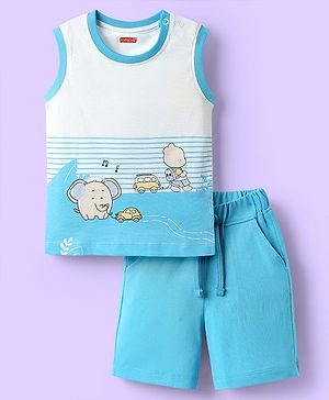Babyhug Single Jersey Knit Sleeveless Tank T-Shirt & Shorts Set with Animal Print - Light Blue