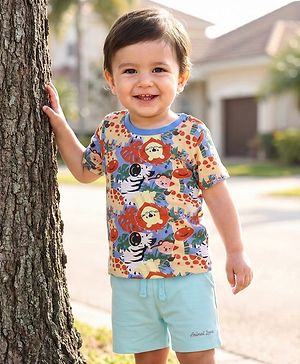 Babyhug Interlock Knit Half Sleeves T-Shirt & Shorts Set with Jungle Theme Print - Light Blue