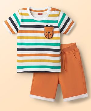 Babyhug Single Jersey Knit Half Sleeves T-Shirt & Shorts Set With Stripes & Animal Patch - Rust Orange