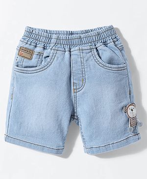 Little Kangaroos Knee Length Solid Denim Shorts With Animal Applique - Blue