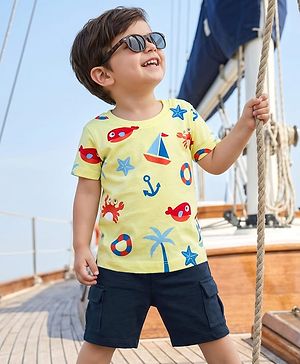 Babyhug Single Jersey Knit Half Sleeves T-Shirt & Shorts Set with Nautical Theme Print - Yellow & Navy Blue