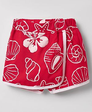 Little Kangaroos 100% Cotton Knee Length Skorts With Beach Theme Print -Red