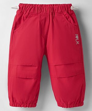 Little Kangaroos Woven Full Length Trouser With Text Glitter Print & Adjustable Elastic - Red