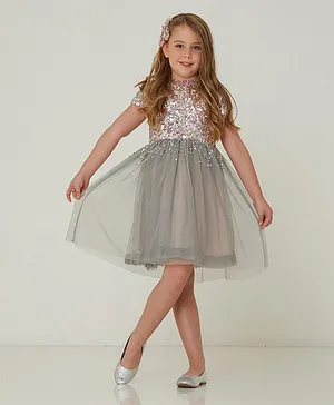 Cherry Crumble By Nitt Hyman Half
                              Sleeves Sequins Embellished Dress - Grey