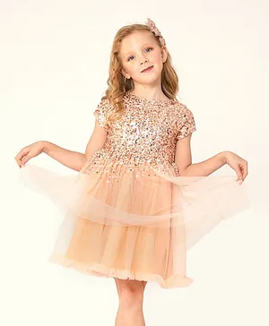 Cherry Crumble By Nitt Hyman Half
                              Sleeves Sequins Embellished Layered Dress
                              - Peach